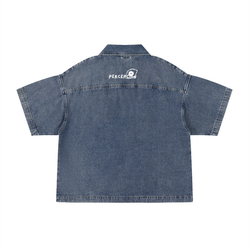 Pïôn Unisex Vintage Wash Boxy Quarter-Zip Denim Shirt